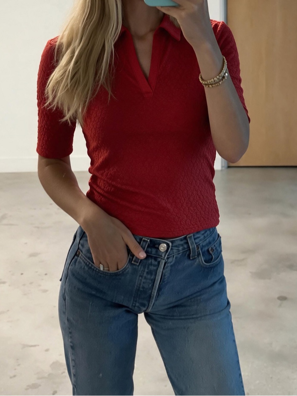 Kim and Cami textured red polo shirt